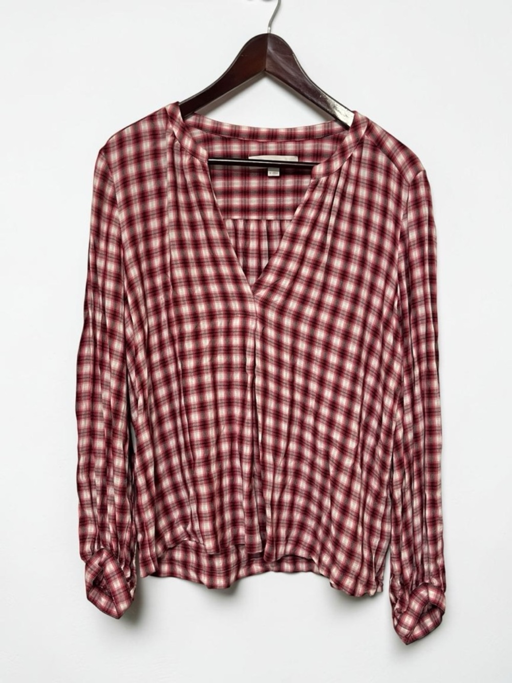 LOFT Red tone Medium Plaid Popover V-Neck Blouse with flare back